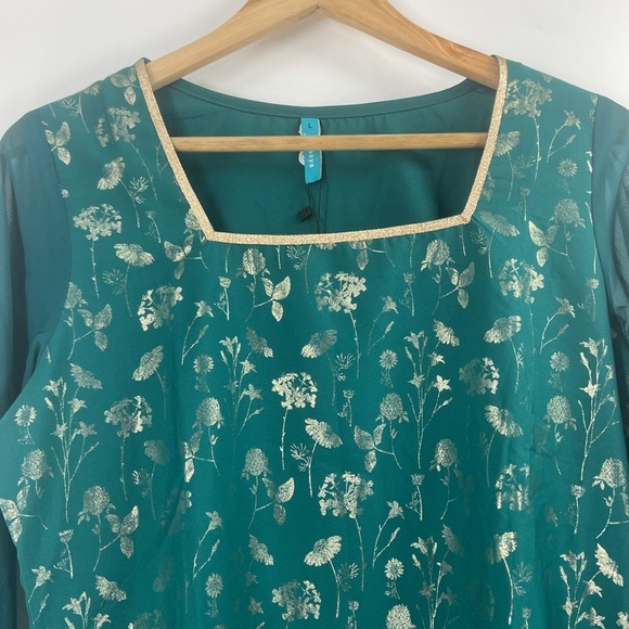 Janasya 2 Peice set teal green tunic & flare bell bottoms gold metallic florals - Picture 2 of 16